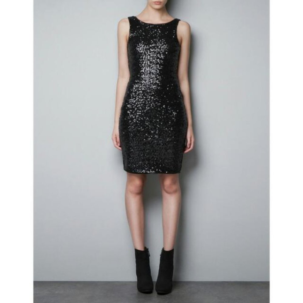 Zara Black Sequined Dress With Low-Cut Back Sz M